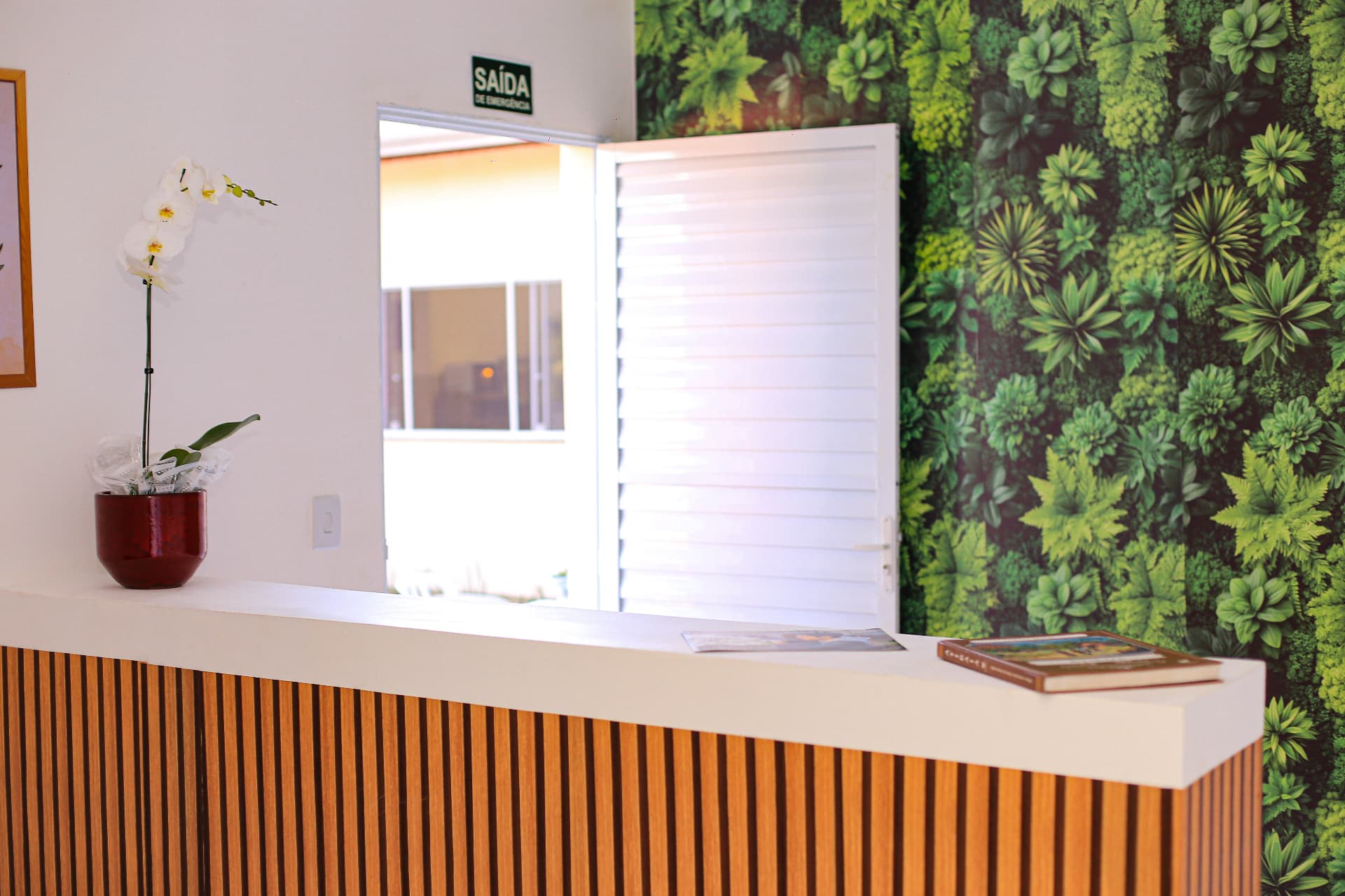 Recepção da unidade especial com parede verde e balcão em madeira